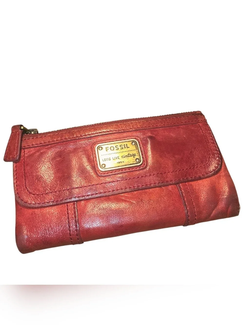 FOSSIL Distressed Red Leather Multi Compartment Full Size Wallet
